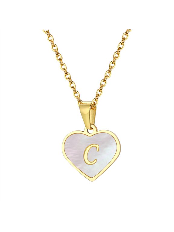 Shell Initial Necklaces for Women Heart Letter A-Z Pendant Name Gold Plated Stainless Steel Chain Dainty F Alphabet K Cute Statement Personalized Jewelry Gold C