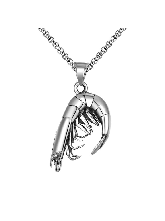 Shrimp Necklace for Men Biker Prawn Pendant Crawfish Punk Silver Stainless Steel Statement Cool Simple Vintage Gothic Ocean Sea Animal Jewelry