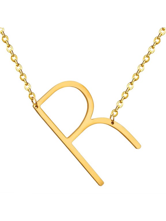 Sideways Initial Necklaces for Women Gold Plated A-Z Pendant Stainless Steel Dainty Big Alphabet simple Letter Jewelry Gold Letter R