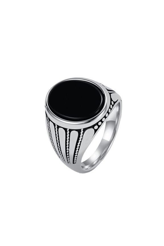 Smooth Gemstone Rings for Men Cabochon Oval Stainless Steel Personalized Meaningful Gift for Him Simple Vintage Black Silver Gold Plated Jewelry Silver Size 10
