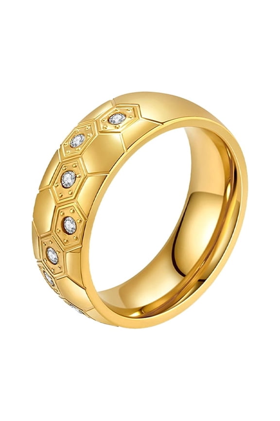 Soccer Ball Geometric Design Stainless Steel Ring for Men Women Unique Statement Band with Tiny Stones Gold Size 9
