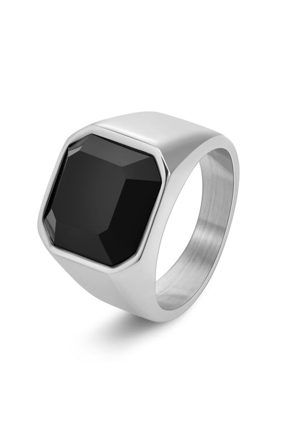 Square Black Gemstone Signet Rings for Men Stainless Steel Classical Simple Statement Wedding Rings Silver Plated Size 7