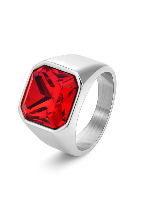 Square Red Gemstone Signet Rings for Men Stainless Steel Classical Simple Statement Wedding Rings Silver Plated Size 10