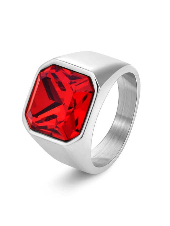 Square Red Gemstone Signet Rings for Men Stainless Steel Classical Simple Statement Wedding Rings Silver Plated Size 8