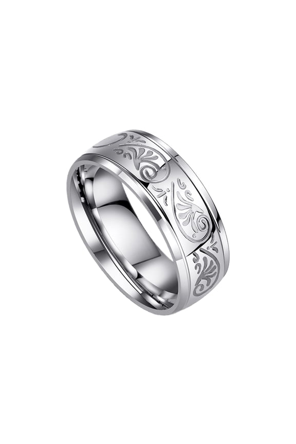 Stainless Steel 8mm Band Vintage Floral Engraved Statement Ring Classic Everyday Wear Jewelry for Men and Women Silver Size 10