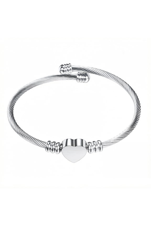 Stainless Steel Cable Cuff Bracelet for Women Polished Heart Center Open Bangle Titanium Steel Wire Wrap Wristband Minimalist Gift for Her Silver