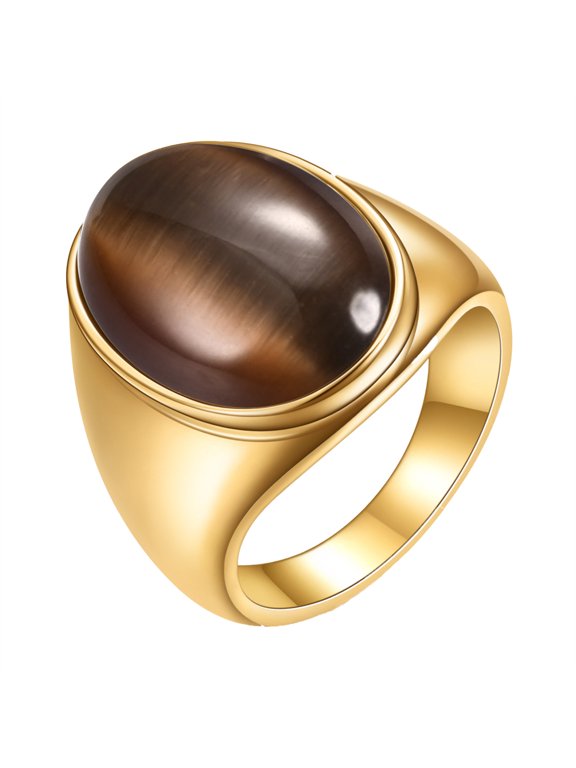 Stainless Steel Cat Eye Ring for Women Minimalist Vintage Gemstone Band Retro Chatoyant Stone Jewelry Gold Brown Size 10