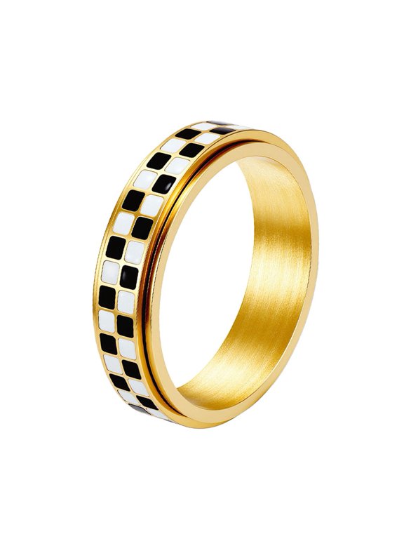 Stainless Steel Checkered Fidget Ring for Adults Black White Checkerboard Spinner Ring for Anxiety Relief 6mm Gold Size 6