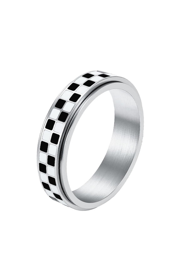 Stainless Steel Checkered Fidget Ring for Adults Black White Checkerboard Spinner Ring for Anxiety Relief 6mm Silver Size 9