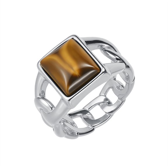 PAURO Stainless Steel Cuban Link Ring Square Gemstone Signet Edgy Statement Jewelry for Streetwear & Daily Wear Silver Tiger Eye Size 10