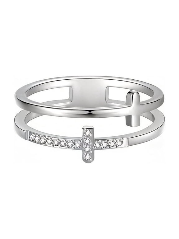Stainless Steel Double Layer Cross Ring for Women Minimalist Cubic Zirconia Stackable Eternity Band Silver Size 9