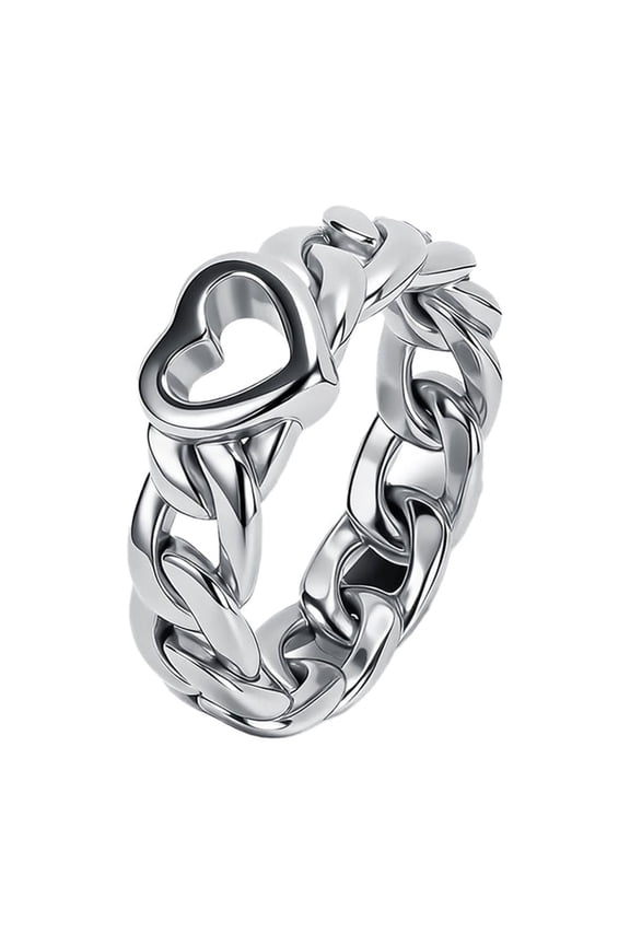 Stainless Steel Heart Cuban Link Chain Ring for Women Chunky Heart Cutout Band Y2K Stackable Everyday Jewelry Silver Size 6