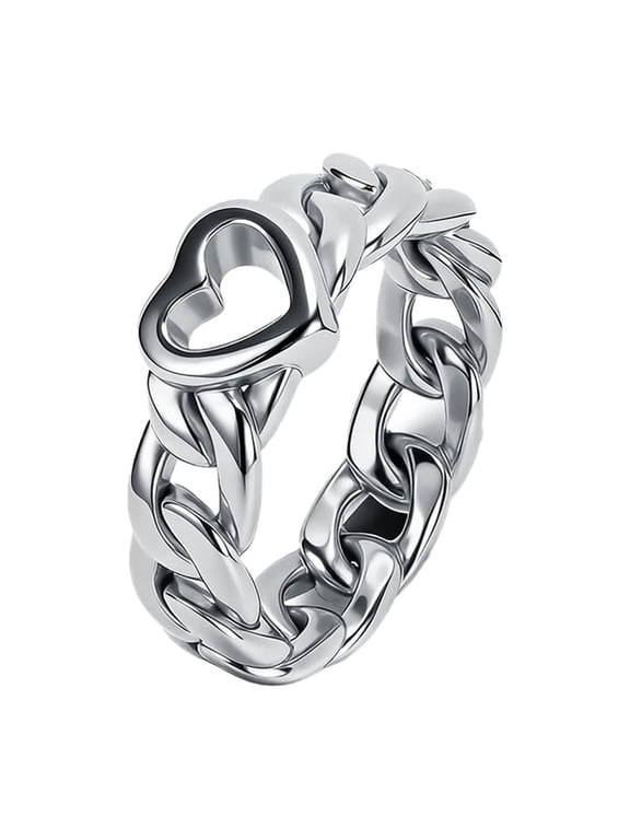 Stainless Steel Heart Cuban Link Chain Ring for Women Chunky Heart Cutout Band Y2K Stackable Everyday Jewelry Silver Size 8