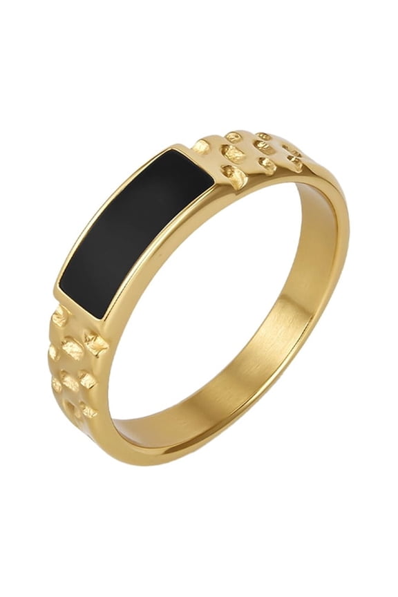Stainless Steel Pinky Ring for Men Women Black Rectangle Inlay Band Hammered Texture Jewelry Gift for Couple Gold Size 9