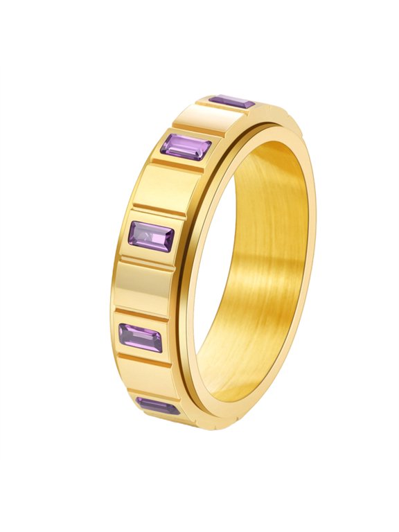 Stainless Steel Rotating Ring for Women Rectangle Cut Cubic Zirconia Eternity Band with Spinner Function Gold Purple Size 10