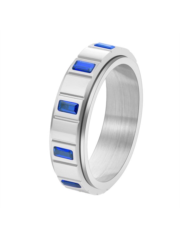 Stainless Steel Rotating Ring for Women Rectangle Cut Cubic Zirconia Eternity Band with Spinner Function Silver Blue Size 5