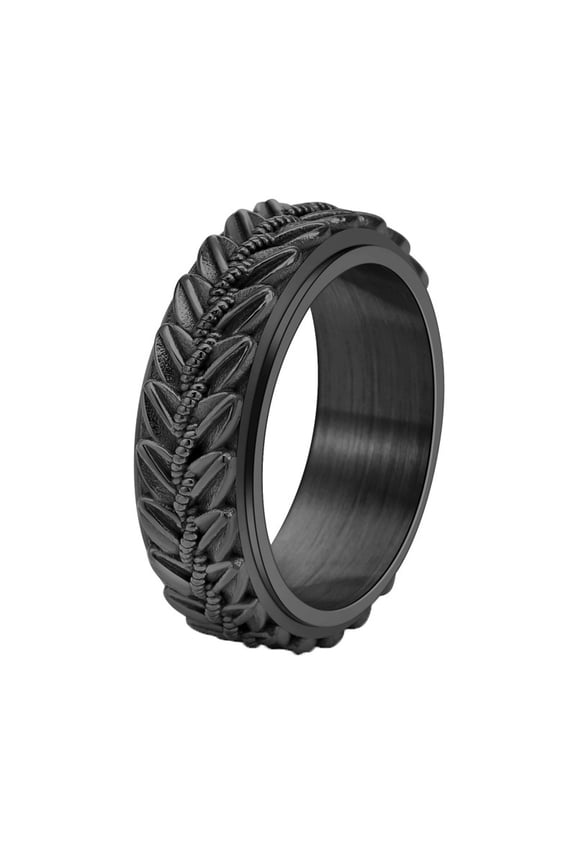 Stainless Steel Spinner Ring for Men Vintage Style Wheat Pattern Engraved Fidget Ring Rotating Band Anxiety Relief Jewelry Black Size 9