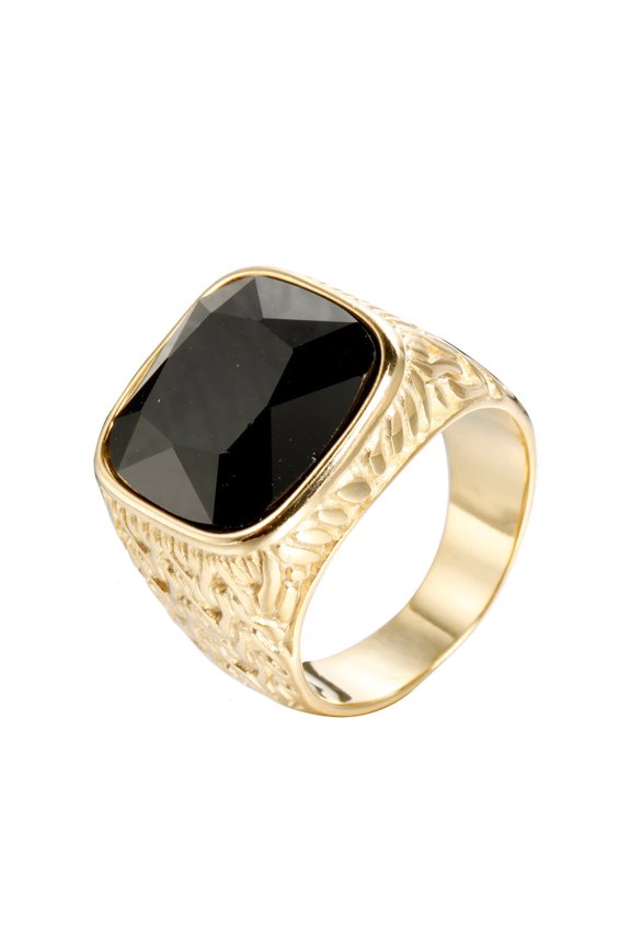 Stainless Steel Square Gemstone Ring for Men Tattoo Style Etched Band Textured Art Inspired Jewelry Gold Black Size 7