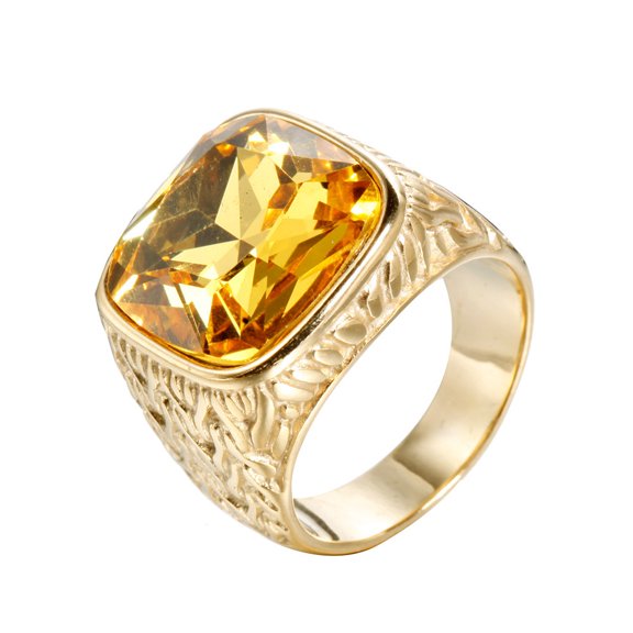 PAURO Stainless Steel Square Gemstone Ring for Men Tattoo Style Etched Band Textured Art Inspired Jewelry Gold Yellow Size 12
