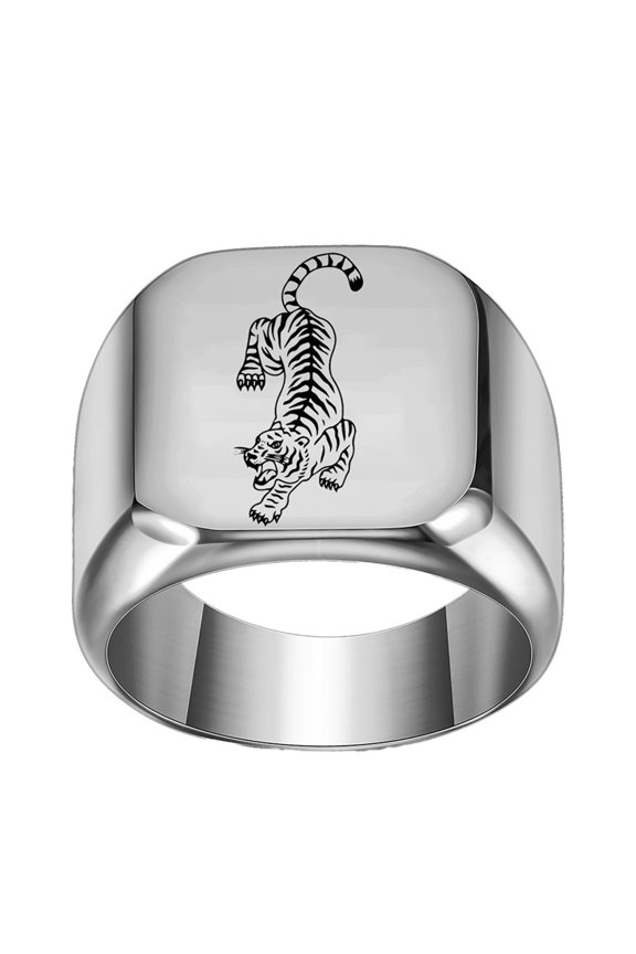 Tiger Rings for Men Band Stainless Steel Square Chunky Blue Black Gold Silver Plated 15 Size 5 Statement Personalized Animal Simple Jewelry Silver Size 14