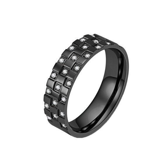 PAURO Titanium Steel Ring with Cubic Zirconia Unisex Checkerboard Pattern Stackable Band Modern Geometric Jewelry Gift for Couple Black Size 11