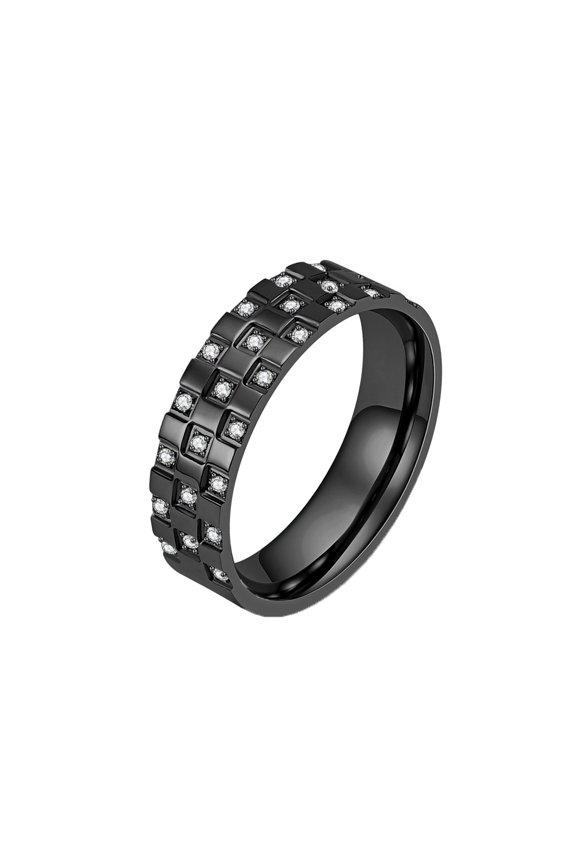 Titanium Steel Ring with Cubic Zirconia Unisex Checkerboard Pattern Stackable Band Modern Geometric Jewelry Gift for Couple Black Size 8