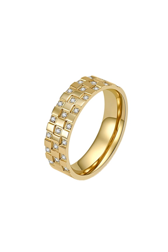 Titanium Steel Ring with Cubic Zirconia Unisex Checkerboard Pattern Stackable Band Modern Geometric Jewelry Gift for Couple Gold Size 7