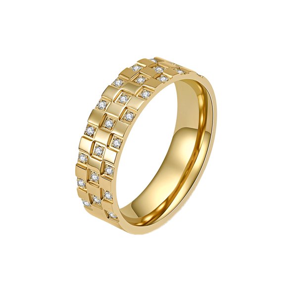 PAURO Titanium Steel Ring with Cubic Zirconia Unisex Checkerboard Pattern Stackable Band Modern Geometric Jewelry Gift for Couple Gold Size 9