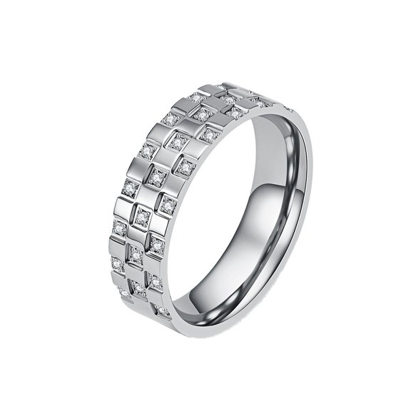 PAURO Titanium Steel Ring with Cubic Zirconia Unisex Checkerboard Pattern Stackable Band Modern Geometric Jewelry Gift for Couple Silver Size 6