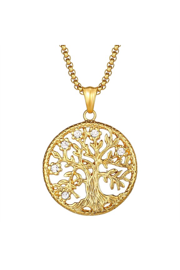 Tree of Life Necklace for Men Women Circle Pendant Chain Cubic Zirconia Black Silver Gold Plated Stainless Steel Dainty Simple Statement Personalized Faith Jewelry Gold