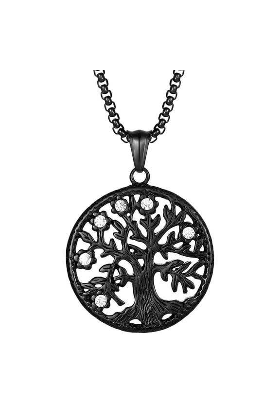 Tree of Life Necklace for Men Women Circle Pendant Chain Cubic Zirconia Black Silver Gold Plated Stainless Steel Dainty Simple Statement Personalized Faith Jewelry Black