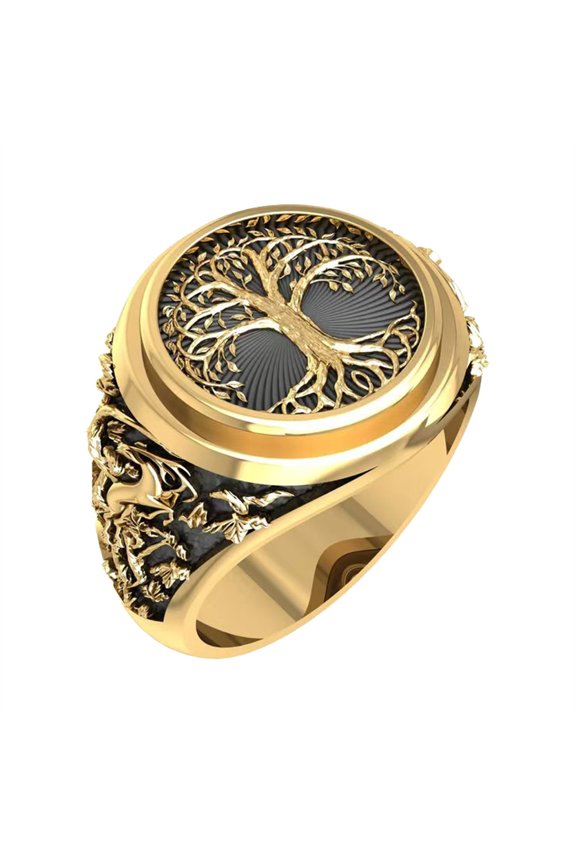 Tree of Life Rings for Men Black Silver Gold Plated Stainless Steel Religious Vintage Punk Gothic Cool Personalized Statement Faith Jewelry Gold Size 9