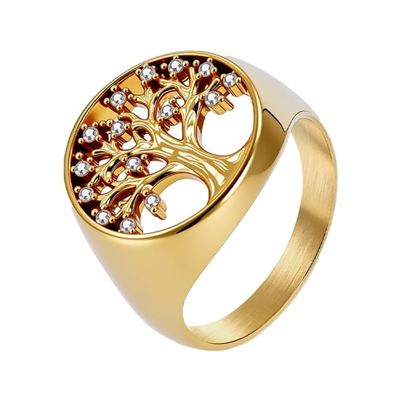 PAURO Tree of Life Rings for Women Silver Gold Plated Stainless Steel Circle Size 5 Personalized Statement Cubic Zirconia Dainty Elegant Signet Promise Charm Jewelry Gold Size 9