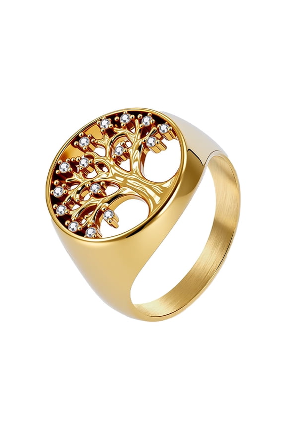 Tree of Life Rings for Women Silver Gold Plated Stainless Steel Circle Size 5 Personalized Statement Cubic Zirconia Dainty Elegant Signet Promise Charm Jewelry Gold Size 9
