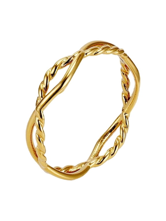Trendy Twisted Rope Design Stainless Steel Ring for Women Geometric Wrap Pinky Finger Minimalist Jewelry Gold Size 5