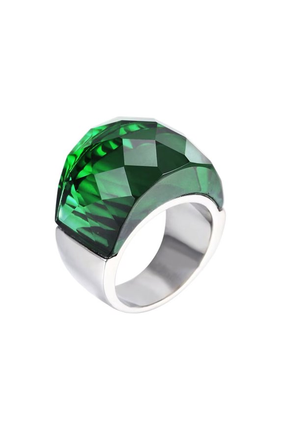 Unisex Stainless Steel Crystal Zirconia Engagement Rings Green CZ Stone Silver Size 9