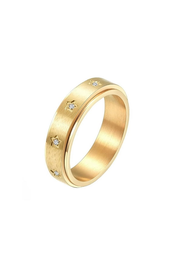 Unisex Stainless Steel Fidget Anxiety Engraved Stars Inlaid Cubic Zirconia Rotating Ring Gold Size 5