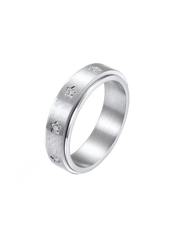 Unisex Stainless Steel Fidget Anxiety Engraved Stars Inlaid Cubic Zirconia Rotating Ring Silver Size 11