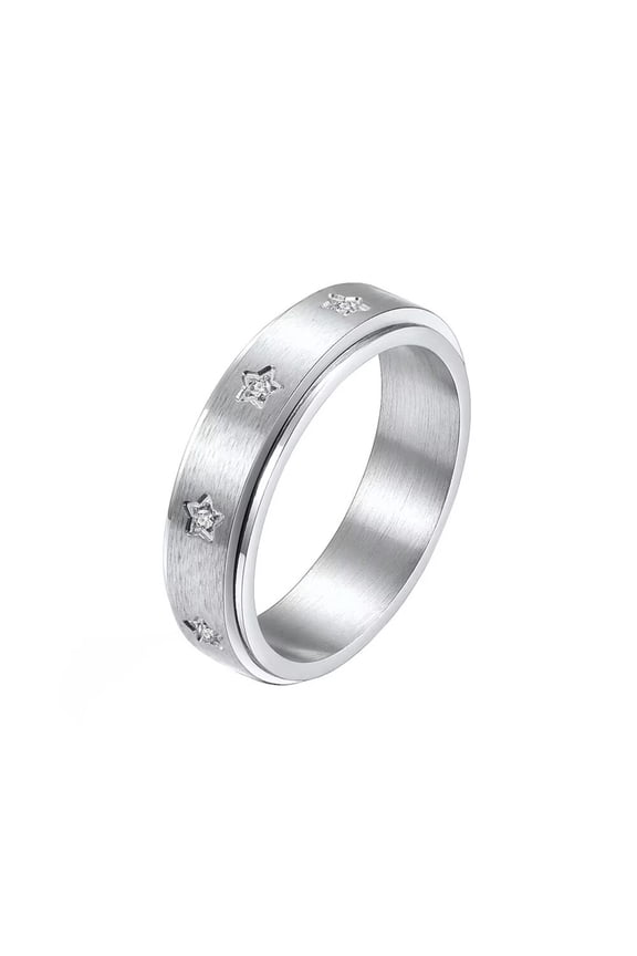 Unisex Stainless Steel Fidget Anxiety Engraved Stars Inlaid Cubic Zirconia Rotating Ring Silver Size 9