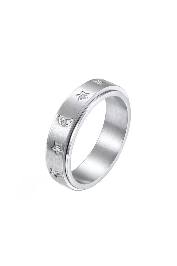 Unisex Stainless Steel Fidget Engraved Moon & Stars Inlaid Cubic Zirconia Rotating Finger Ring Silver Size 11