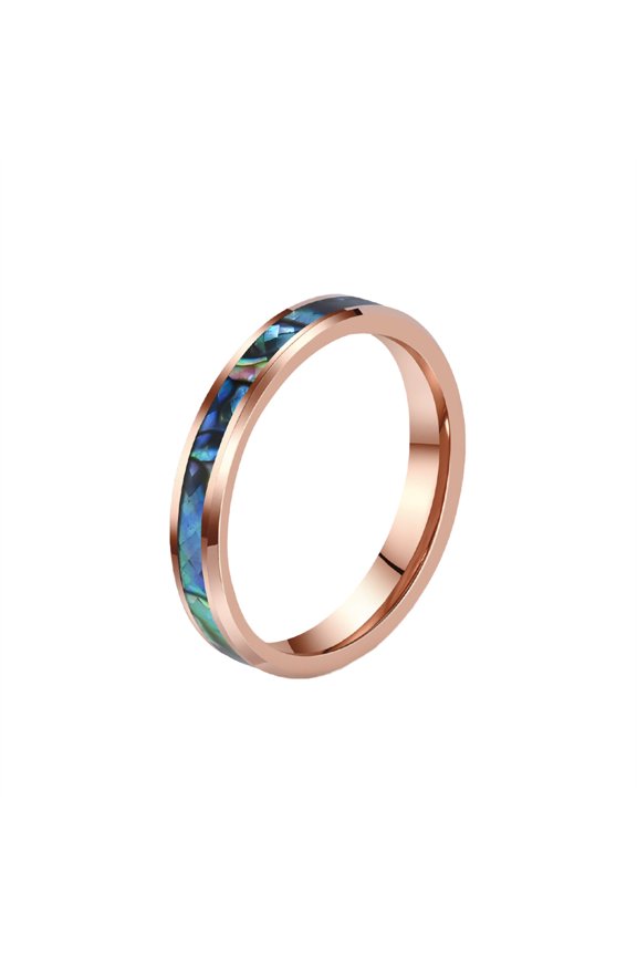 Unisex Stainless Steel Iridescent Abalone Shell Pattern Inlay Ring Minimalist Stackable Band for Him and Her 4mm Rose Gold Size 11