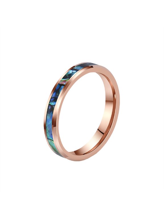 Unisex Stainless Steel Iridescent Abalone Shell Pattern Inlay Ring Minimalist Stackable Band for Him and Her 4mm Rose Gold Size 11