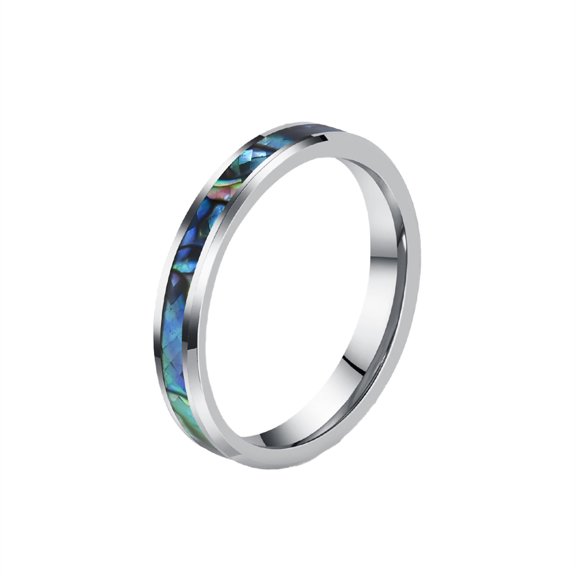 PAURO Unisex Stainless Steel Iridescent Abalone Shell Pattern Inlay Ring Minimalist Stackable Band for Him and Her 4mm Silver Size 10