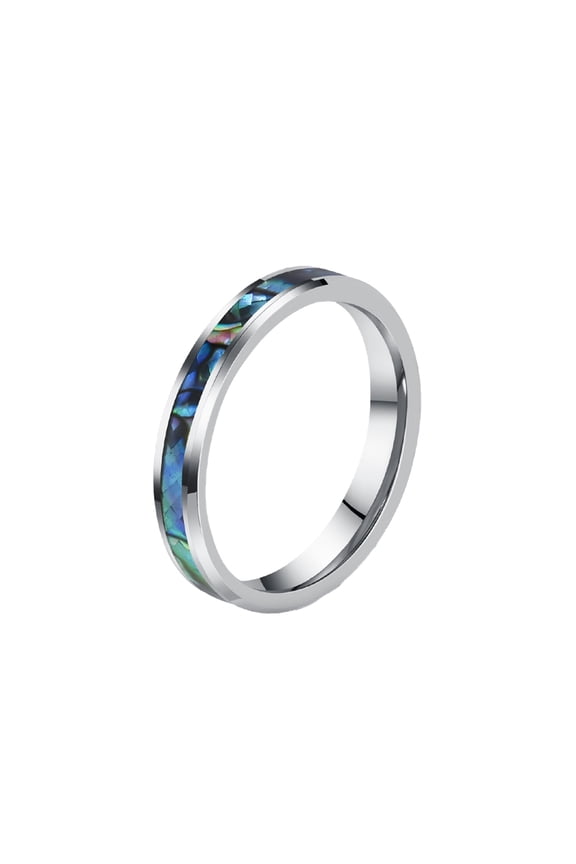 Unisex Stainless Steel Iridescent Abalone Shell Pattern Inlay Ring Minimalist Stackable Band for Him and Her 4mm Silver Size 10