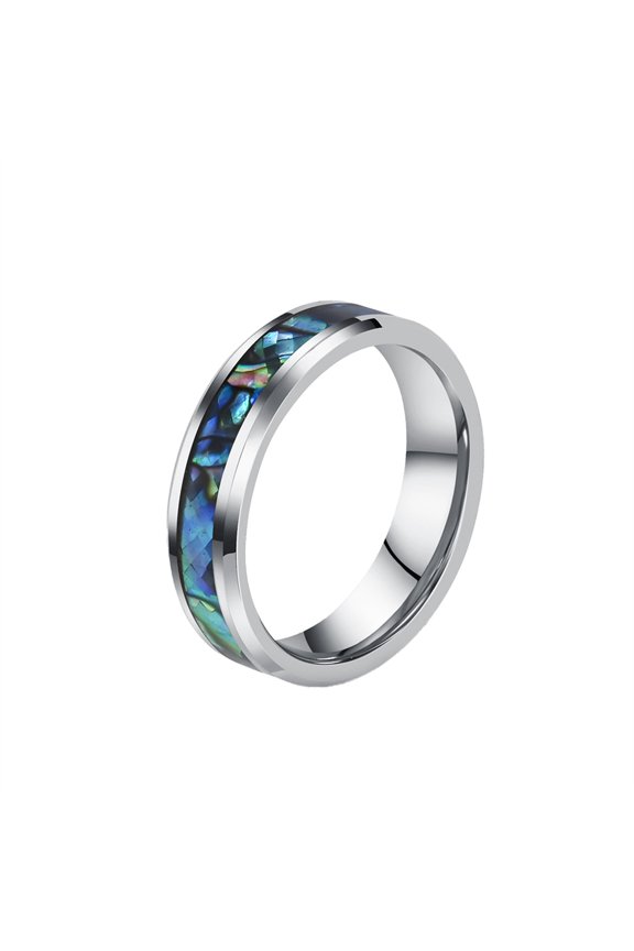 Unisex Stainless Steel Iridescent Abalone Shell Pattern Inlay Ring Minimalist Stackable Band for Him and Her 6mm Silver Size 8