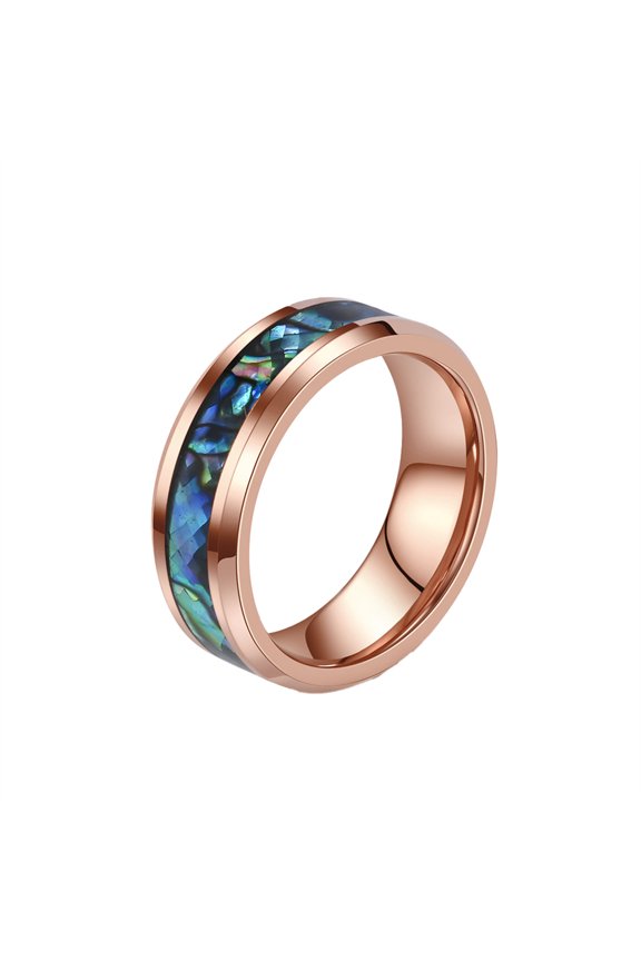 Unisex Stainless Steel Iridescent Abalone Shell Pattern Inlay Ring Minimalist Stackable Band for Him and Her 8mm Rose Gold Size 9