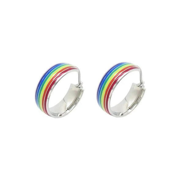 PAURO Unisex Stainless Steel Lgbt Hoop Huggie Earrings Piercings Earrings Rainbow Pride Jewelry Silver