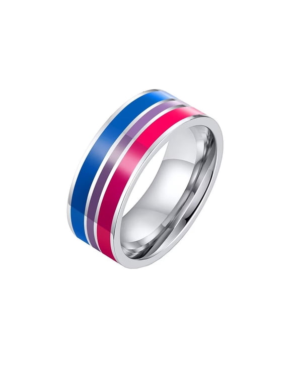 Unisex Stainless Steel Rainbow Striped Pride LGBT Individual trends Ring Bisexual Size 10