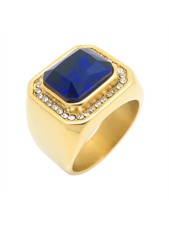 Unisex Stainless Steel Square Halo Ring Center Gemstone with Cubic Zirconia Accents Modern Statement Band Gold Blue Size 10
