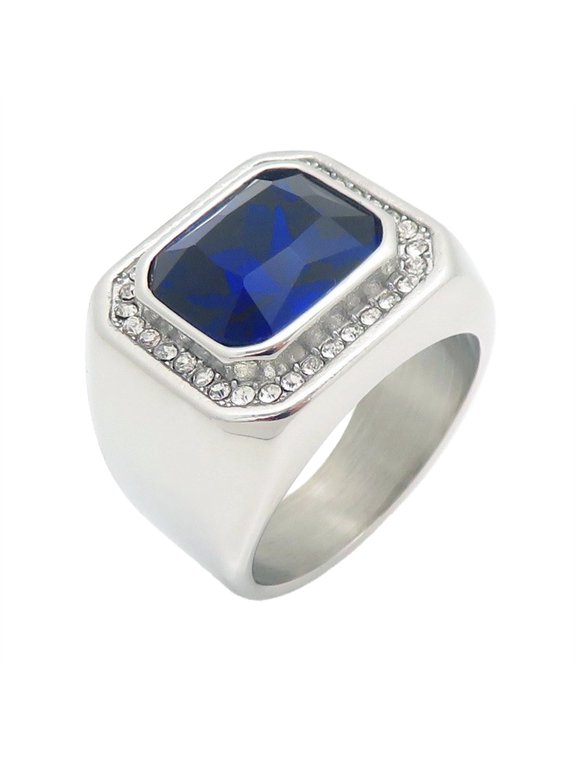 Unisex Stainless Steel Square Halo Ring Center Gemstone with Cubic Zirconia Accents Modern Statement Band Silver Blue Size 8